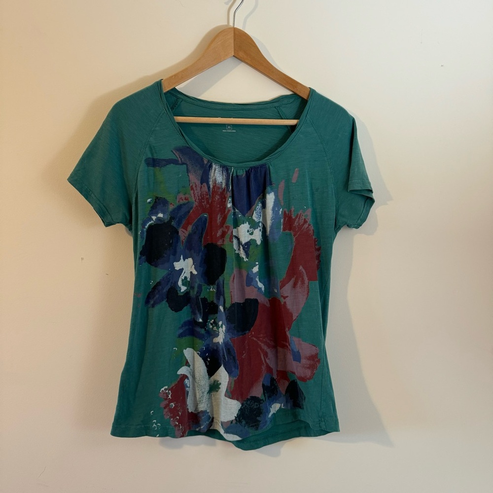 Eddie Bauer Short Sleeve Floral Print Green Cotton T-Shirt XS